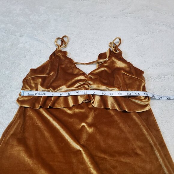 Honey Belle Gold Velvet Ruffle Romantic Coachella Preppy Slip Mini Dress Women M - Picture 5 of 9